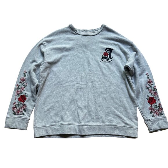 Adaptation Post LA Size L Gray Red Rose Floral Embroidered Crewneck Sweatshirt - Picture 1 of 15